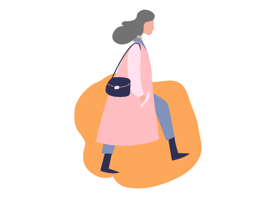 Illustration d’une femme marchant avec une main dans la poche et son sac à main sur l’épaule